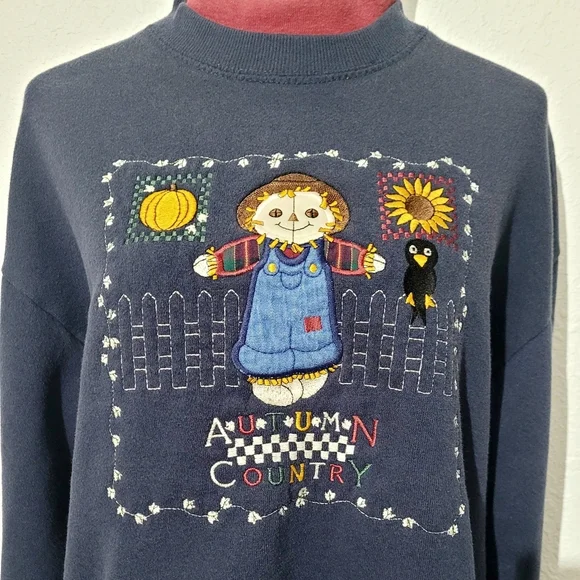 Vintage Pleasant Shade Autumn Country Scarecrow Fall Sweatshirt Sz L Made In USA - Picture 3 of 11